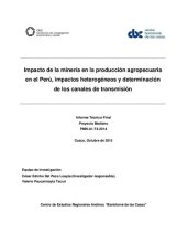 book Impacto de la minería en la producción agropecuaria en el Perú, impactos heterogéneos y determinación de los canales de transmisión