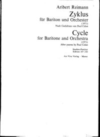 cover of the book Zyklus, für Bariton und Orchester (1971) nach Gedichten von Paul Celan. Cycle, for baritone and orchestra (1971) after poems by Paul Celan