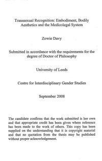 cover of the book Transsexual recognition: embodiment, bodily aesthetics and the medicolegal system