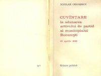 cover of the book Cuvîntare la adunarea activului de partid al municipiului București 26 aprilie 1968