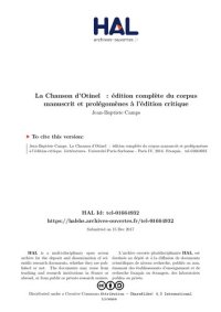 cover of the book La Chanson d'Otinel : édition complète du corpus manuscrit et prolégomènes à l'édition critique