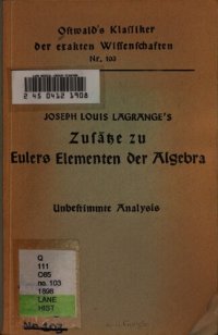 cover of the book Zusätze zu Eulers Elementen der Algebra : Unbestimmte Analysis