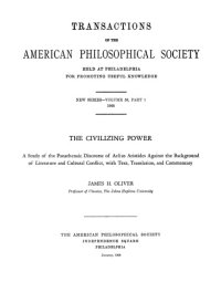 cover of the book The Civilizing Power: A Study of the Panathenaic Discourse of Aelius Aristides against the Background of Literature and Cultural Conflict, with Text, Translation, and Commentary (Transactions of the American Philosophical Society, n.s. 58.1  1968 : 1-223.