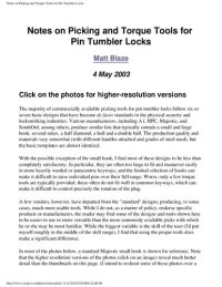 cover of the book Notes on Picking and Torque Tools for Pin Tumbler Locks