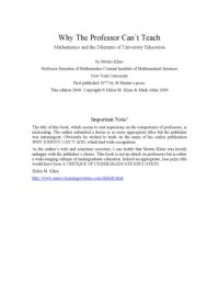 cover of the book Why the professor can't teach: Mathematics and the dilemma of university education