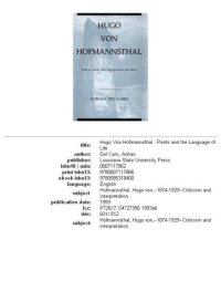 cover of the book Hugo von Hofmannsthal: poets and the language of life