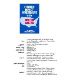 cover of the book Foreign Direct Investment in the United States: Issues, Magnitudes, and Location Choice of New Manufacturing Plants : 1993